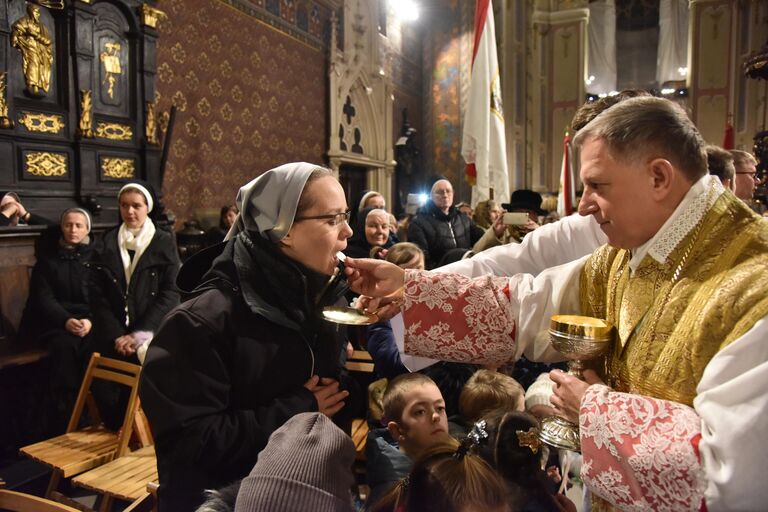 Рождественская месса в Латинском кафедральном соборе (Митрополичья базилика Успения Пресвятой Девы Марии) во время празднования католического Рождества во Львове