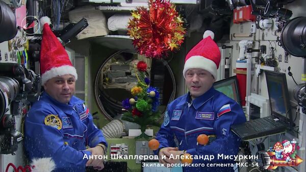 Космонавты Антон Шкаплеров и Александр Мисуркин поздравляют к Новым годом с борта МКС. 31 декабря 2017 год