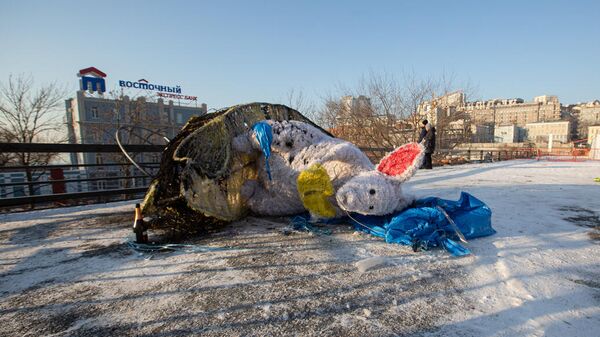 Обгоревшая фигура мыши на центральной площади Владивостока