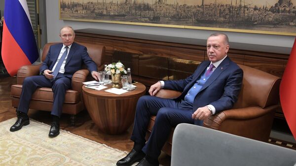 Президент РФ Владимир Путин и президент Турции Реджеп Тайип Эрдоган во время встречи в конгресс-центре Халич в Стамбуле. 8 января 2020