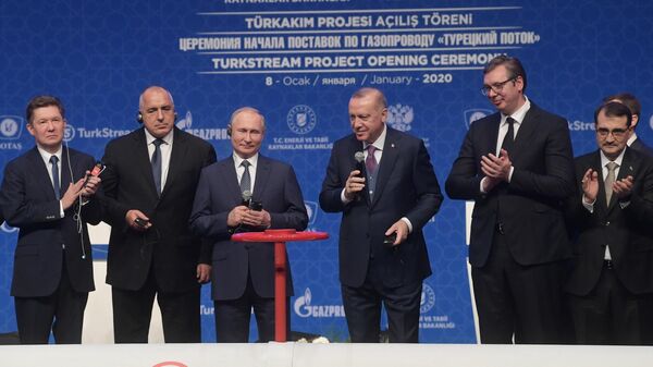Президент России Владимир Путин и президент Турции Реджеп Тайип Эрдоган на церемонии официального открытия газопровода Турецкий поток в Стамбуле. 8 января 2020