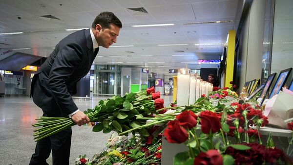 Президент Украины Владимир Зеленский возложил цветы к фотографиям погибших в авиакатастрофе в Иране в киевском аэропорту Борисполь