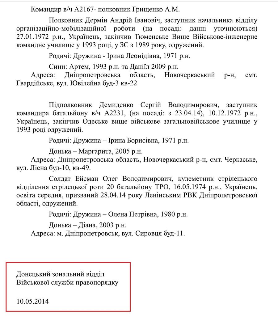 Справка Донецкого зонального отдела Военной службы правопорядка ВСУ