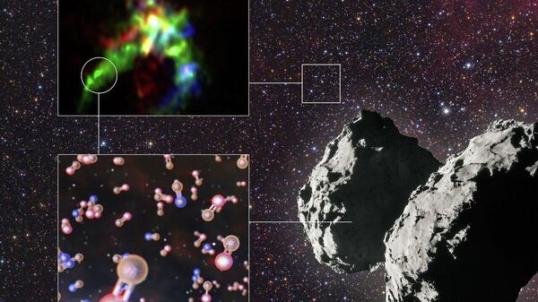 Ключевые результаты исследования. Фон иллюстрации – часть ночного неба в созвездии Возничего. Область AFGL 5142, где радиотелескоп ALMA обнаружил фосфорсодержащие молекулы, отмечена кружком. Внизу справа – комета 67Р/Чурюмова-Герасименко, где с помощью спектрометра ROSINA, установленного на борту станции Розетта, выявлен оксид фосфора