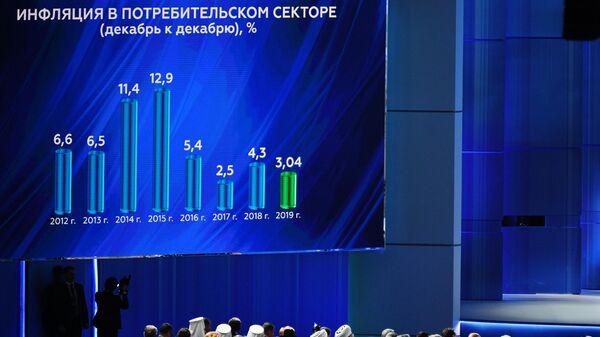 Демонстрация графика инфляции в потребительском секторе в 2012 - 2019 годах во время выступления президента РФ Владимира Путина с ежегодным посланием Федеральному Собранию