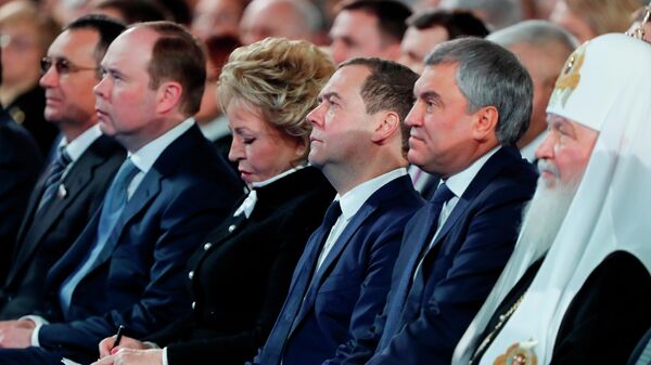 Председатель правительства РФ Дмитрий Медведев во время ежегодного послания президента РФ Владимира Путина Федеральному Собранию
