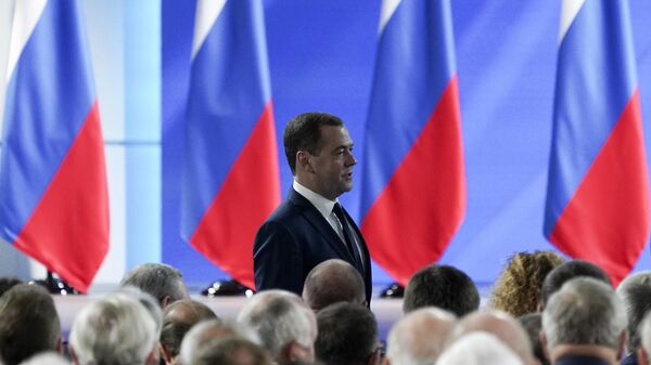 Председатель правительства РФ Дмитрий Медведев во время ежегодного послания президента РФ Владимира Путина Федеральному Собранию