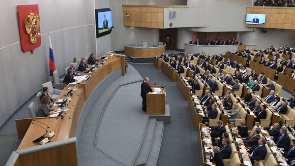 Кандидат на пост премьер-министра РФ Михаил Мишустин выступает на пленарном заседании Государственной Думы РФ