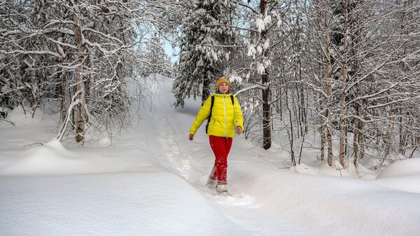 Туристка на снегоступах в Лапландском заповеднике