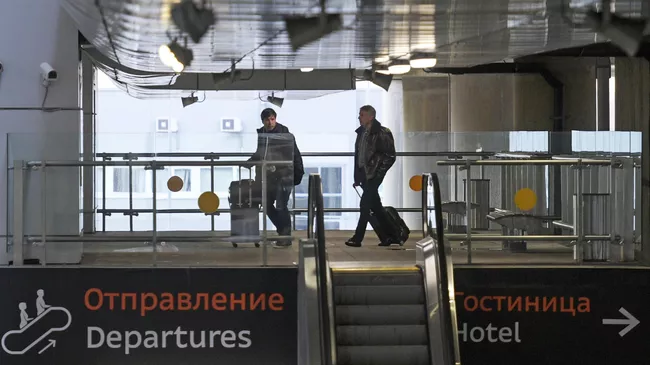 Пассажиры у входа в терминал аэропорта Пулково в Санкт-Петербурге Пассажиры у входа в терминал аэропорта Пулково в Санкт-Петербурге