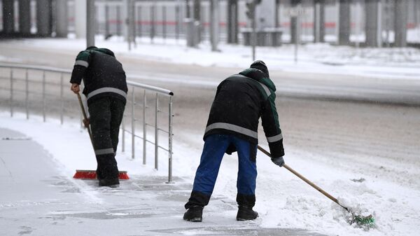 Сотрудники коммунальной службы чистят тротуары от снега в Москве