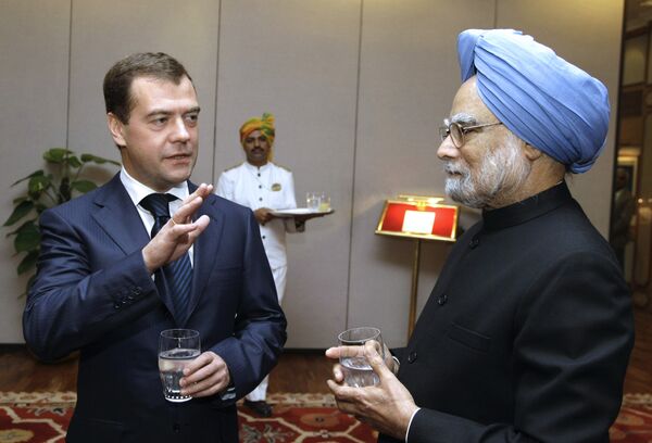 Дмитрий Медведев и Манмохан Сингх на рабочем ужине в Нью-Дели