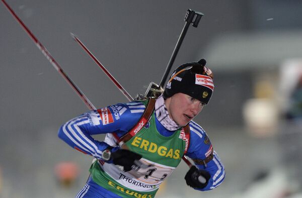 Екатерина Юрьева во время эстафеты на четвертом этапе Кубка мира