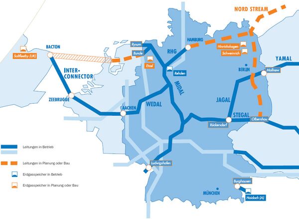 Схема доставки газа от Ямала до газохранилищ в Европе через Северный Поток