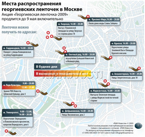 Места распространения георгиевских ленточек в Москве