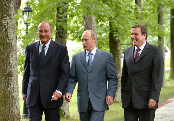 В.Путин, Ж.Ширак, Г.Шредер во время встречи