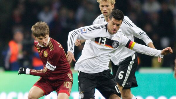 Игровой момент матча сборная России - сборная Германии