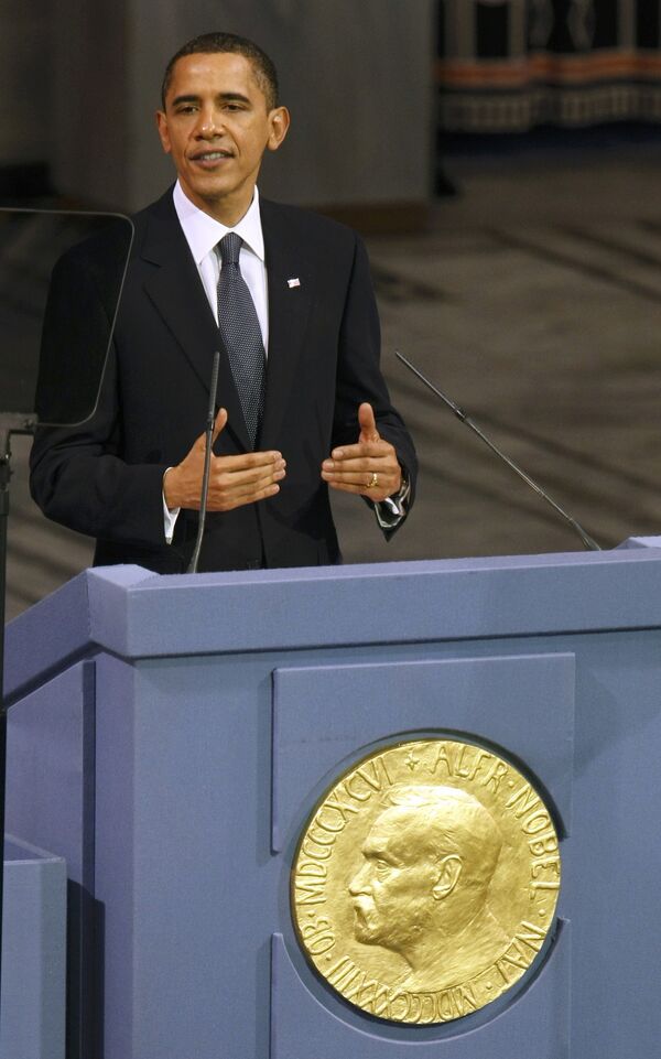 Лауреат Нобелевской премии мира, президент США Барак Обама во время выступления в Осло