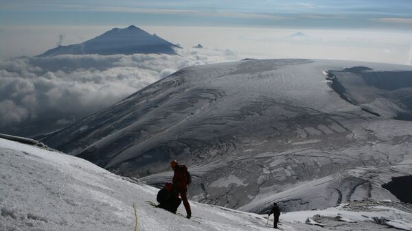 Виды Камчатки. Справа — вулкан Плоский Толбачик и часть его кратера, на заднем плане — сопка Большая Удина.