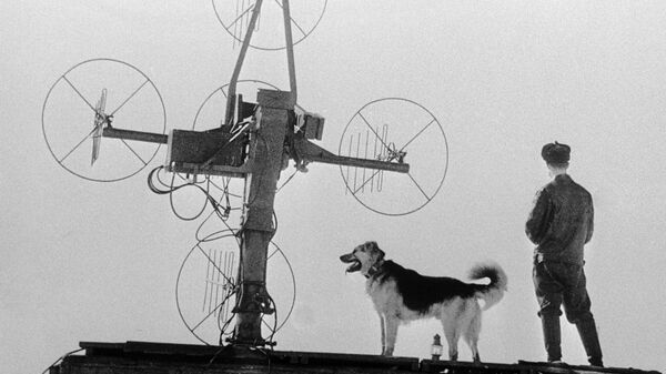Полярник с собакой стоит у радиоантенны в Антарктиде