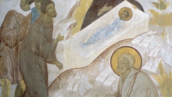 Фреска иконописца Дионисия Поклонение пастухов родившемуся Богомладенцу. Архив