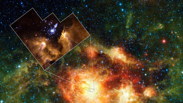 Область активного звездообразования в звездном скоплении NGC 3603. Снимок космического инфракрасного телескопа WISE 
