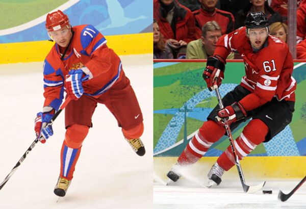 Нападающий олимпийской сборной России по хоккею Илья Ковальчук и нападающий олимпийской сборной Канады по хоккею Рик Нэш