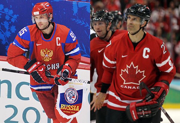 Капитан олимпийской сборной России по хоккею Алексей Морозов и капитан олимпийской сборной Канады по хоккею Скотт Нидермайер