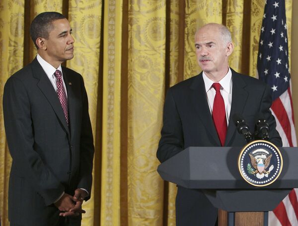 Барак Обама и Йоргос Папандреу на встрече в Белом доме