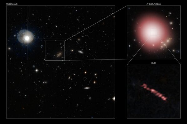 Фотография телескопа Хаббл, скомбинированная с изображением SMMJ2135-0102 в дальней ИК области волн света