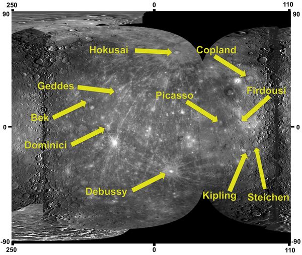 Расположение получивших имена кратеров на поверхности Меркурия