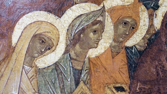Репродукция детали иконы Жены-мироносицы у гроба господня