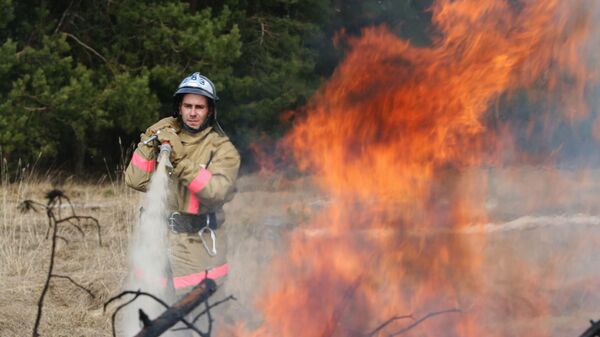 Сотрудник МЧС ликвидирует возгорание сухой травы