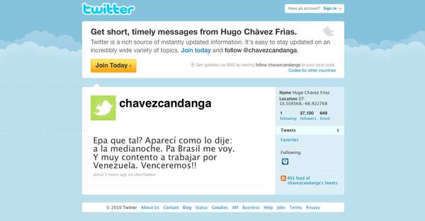 Страница президента Венесуэлы Уго Чавеса на сайте Twitter.com