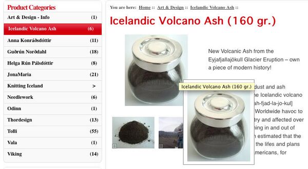 Скриншот страницы сайта www.nammi.is, где продают пепел вулкана