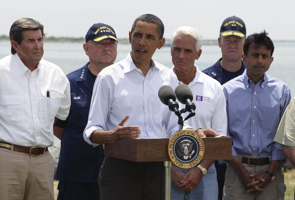 Президент США Барак Обама на брифинге во время поездки в Луизиану