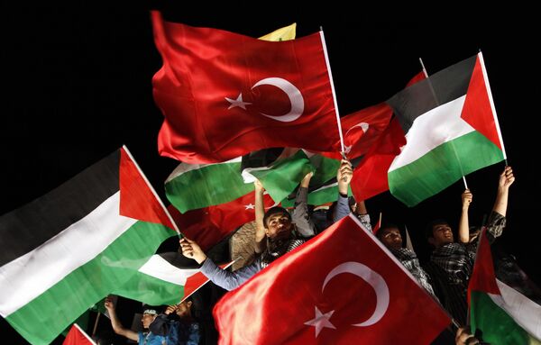 Про-палестинские активисты приветствуют правозащитники Флотилии свободы,  доставленых в Турцию. Архив