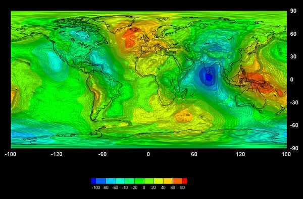 Гравитационная карта поверхности Земли, составленная на основе данных GOCE