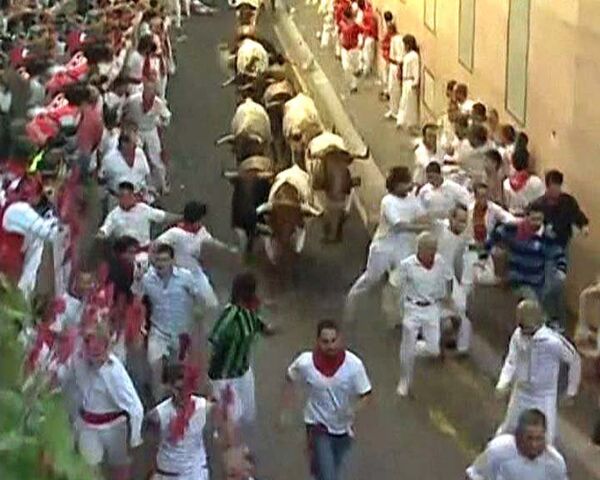 Разъяренные быки гонят сотни людей по улицам города