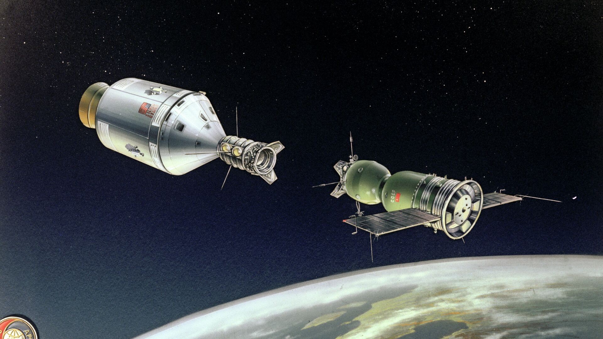 Стыковка кораблей Союз - Аполлон. Рисунок А.Качугина Стыковка кораблей Союз - Аполлон. Рисунок А.Качугина - РИА Новости, 1920, 15.07.2025