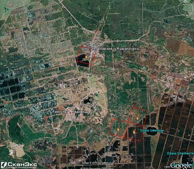 Очаги пожаров в Егорьевском районе Московской области (торфоразработки).