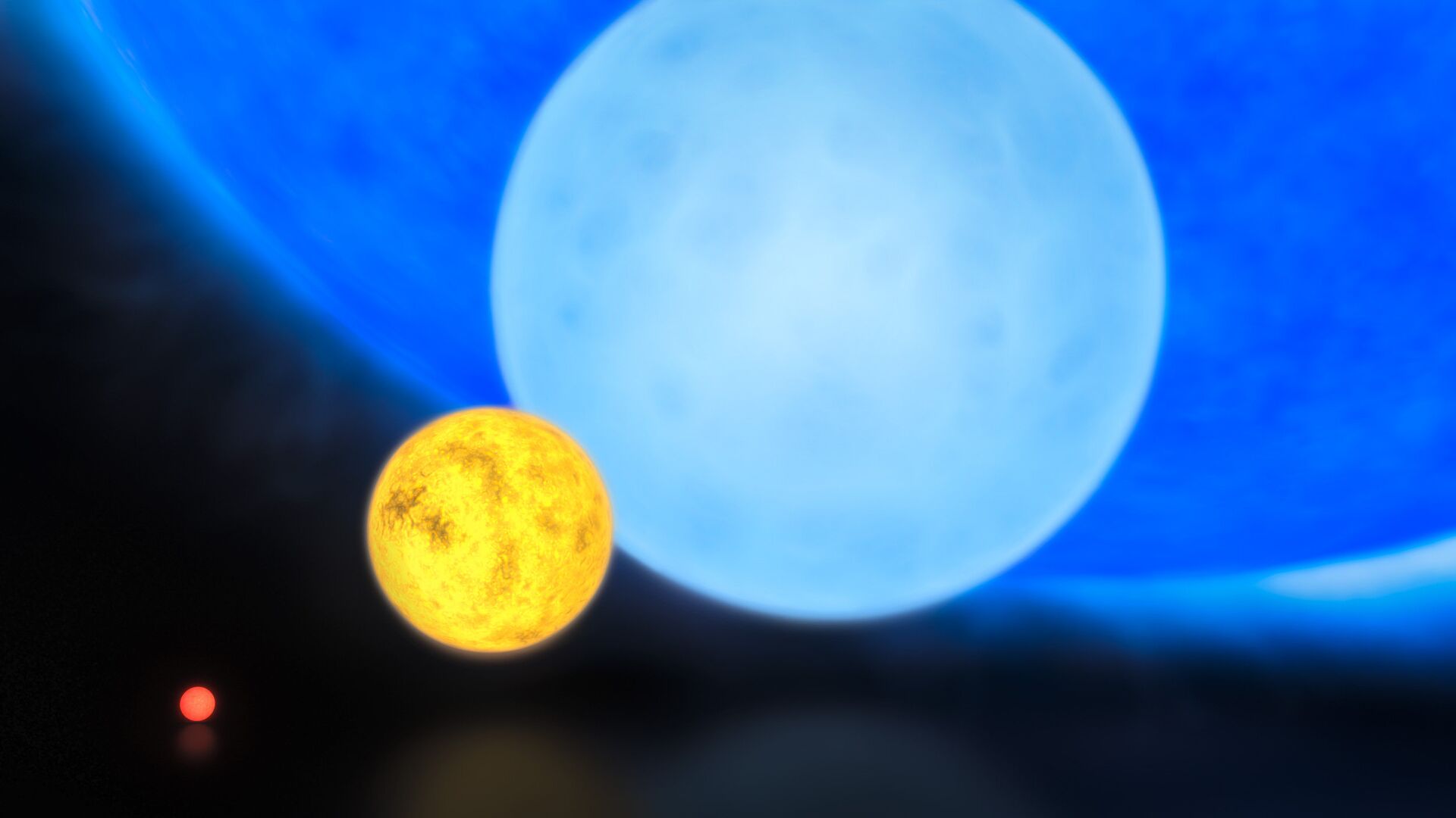 Относительные размеры звезд: красный карлик, Солнце, звезда массой около 8 солнечных и «рекордсменка» R136a1 (синяя звезда на фоне)  - РИА Новости, 1920, 01.01.2020