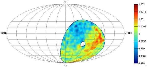 Распределение космических лучей на южном небе, приведенное к галактическим координатам