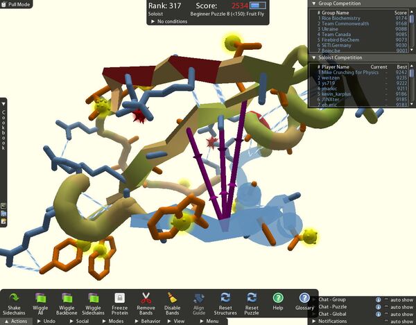 Скриншот игры Foldit, демонтрирующий пользовательский интерфейс.