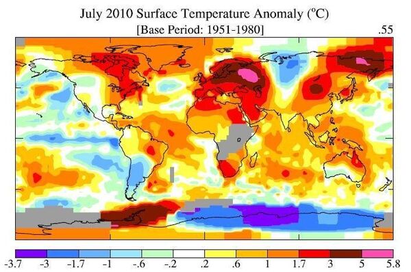 Глобальная карта температурных аномалий июля 2010 года