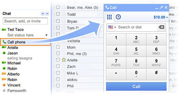 Скриншот сервиса интернет-телефонии в Gmail