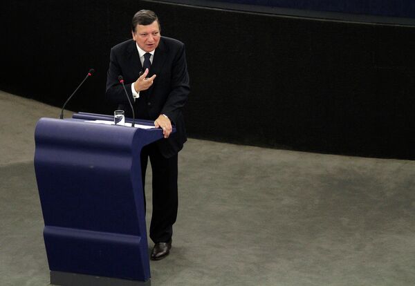 Глава Еврокомиссии Жозе Мануэл Баррозу на выступлении в Европейском парламенте в Страсбурге