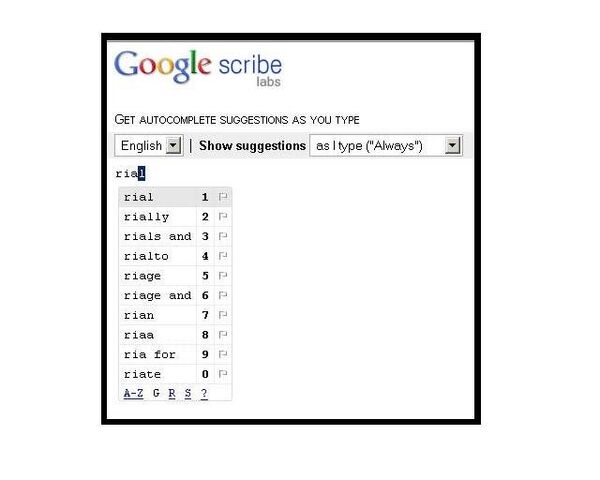 Окно системы Google Scribe  с вариантами написания слова