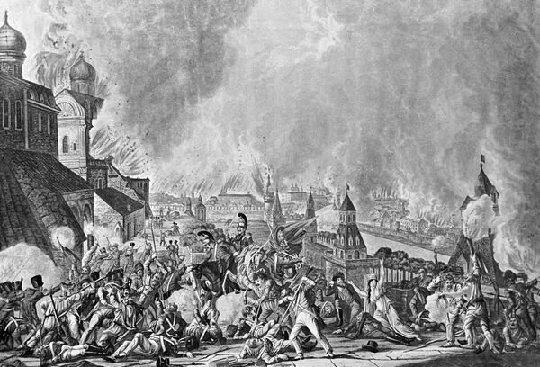 Фрагмент гравюры Л. Ругендаса Пожар Москвы 15 сентября 1812 года Фрагмент гравюры Л. Ругендаса Пожар Москвы 15 сентября 1812 года