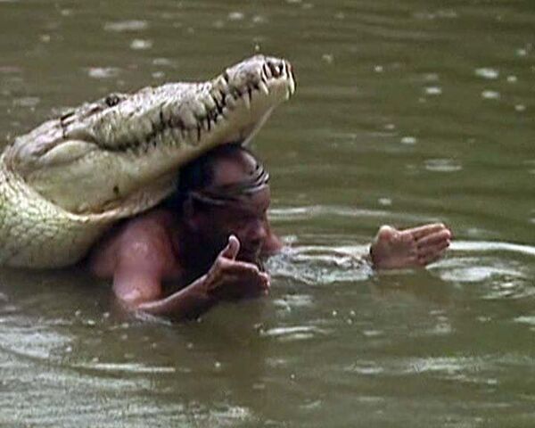 Рыбак и крокодил обнимаются и целуются на глазах у зрителей